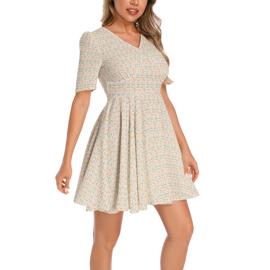 Short Sleeve Ruched Bust Flared Floral Print Pattern Hem Dress