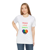 Pride White Tshirt, Unisex Pride peace love unity LGBTQ+ casual proud rainbow heart design shirt