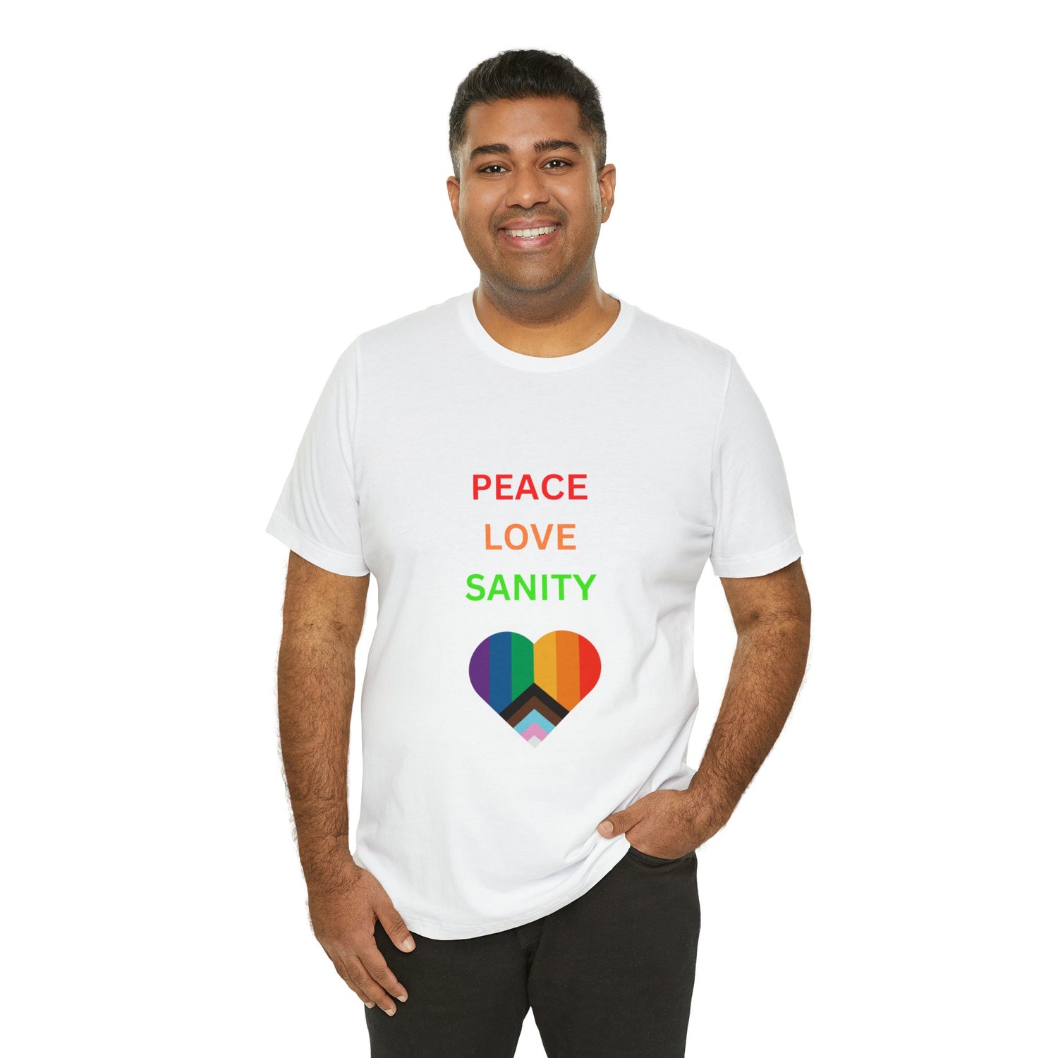 Pride White Tshirt, Unisex Pride peace love unity LGBTQ+ casual proud rainbow heart design shirt