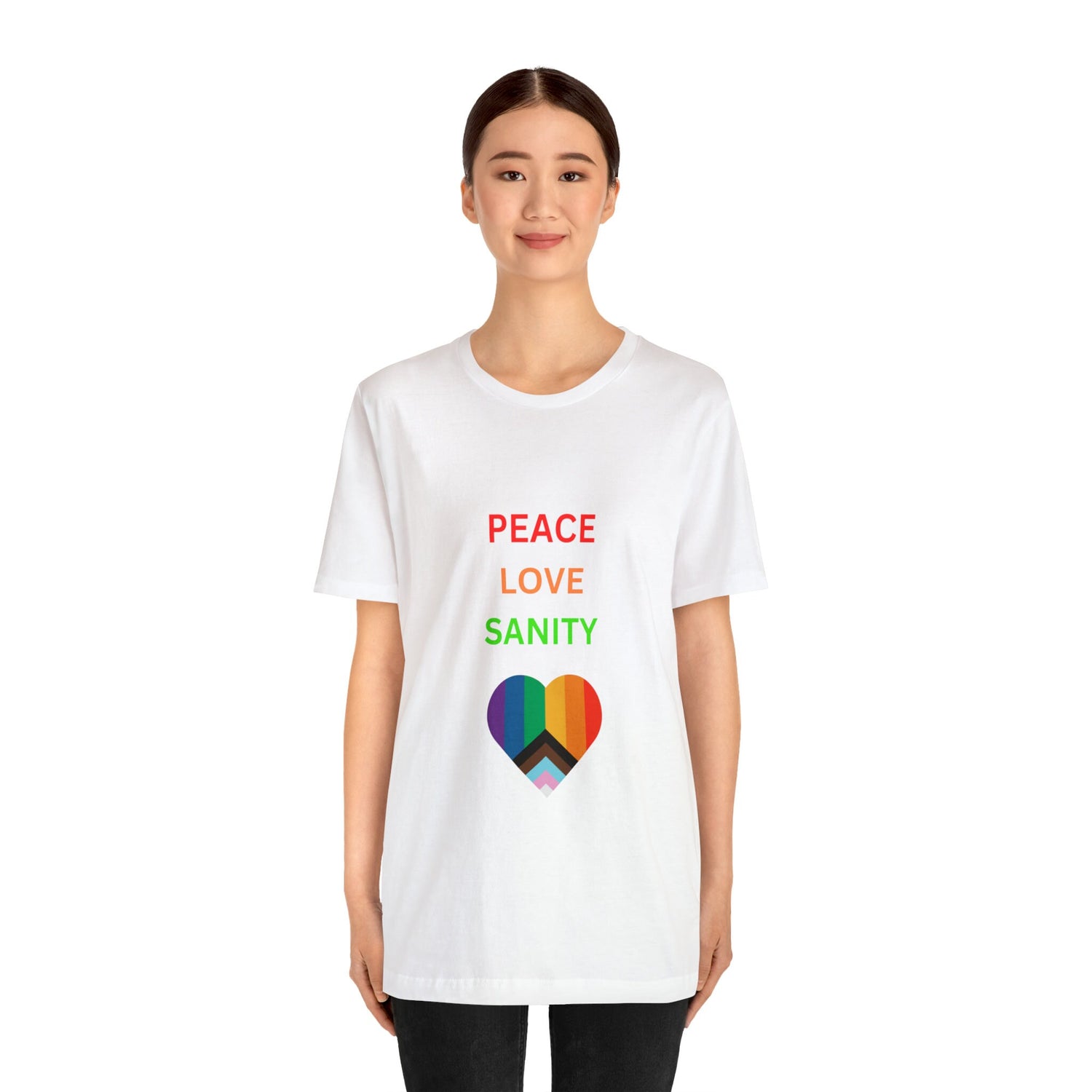 Pride White Tshirt, Unisex Pride peace love unity LGBTQ+ casual proud rainbow heart design shirt