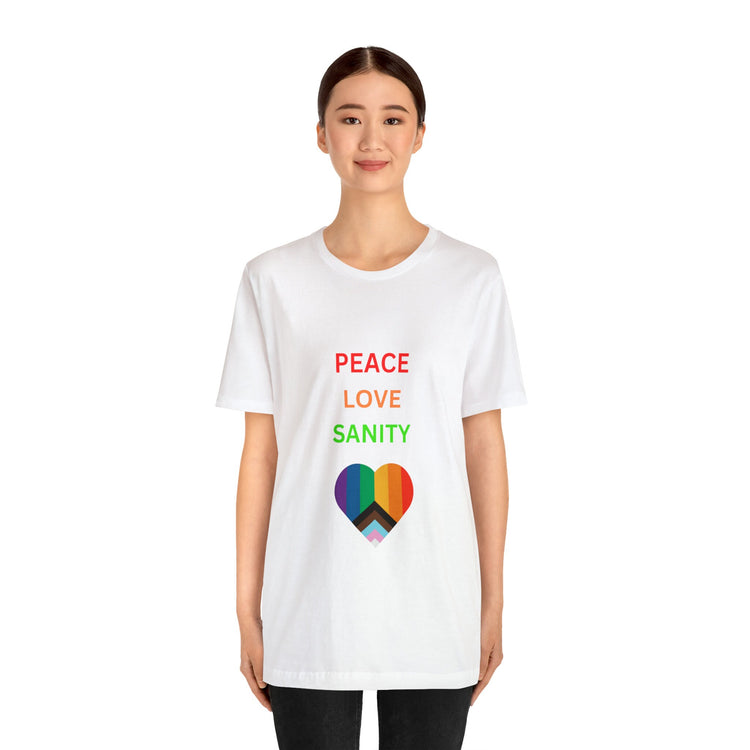 Pride White Tshirt, Unisex Pride peace love unity LGBTQ+ casual proud rainbow heart design shirt