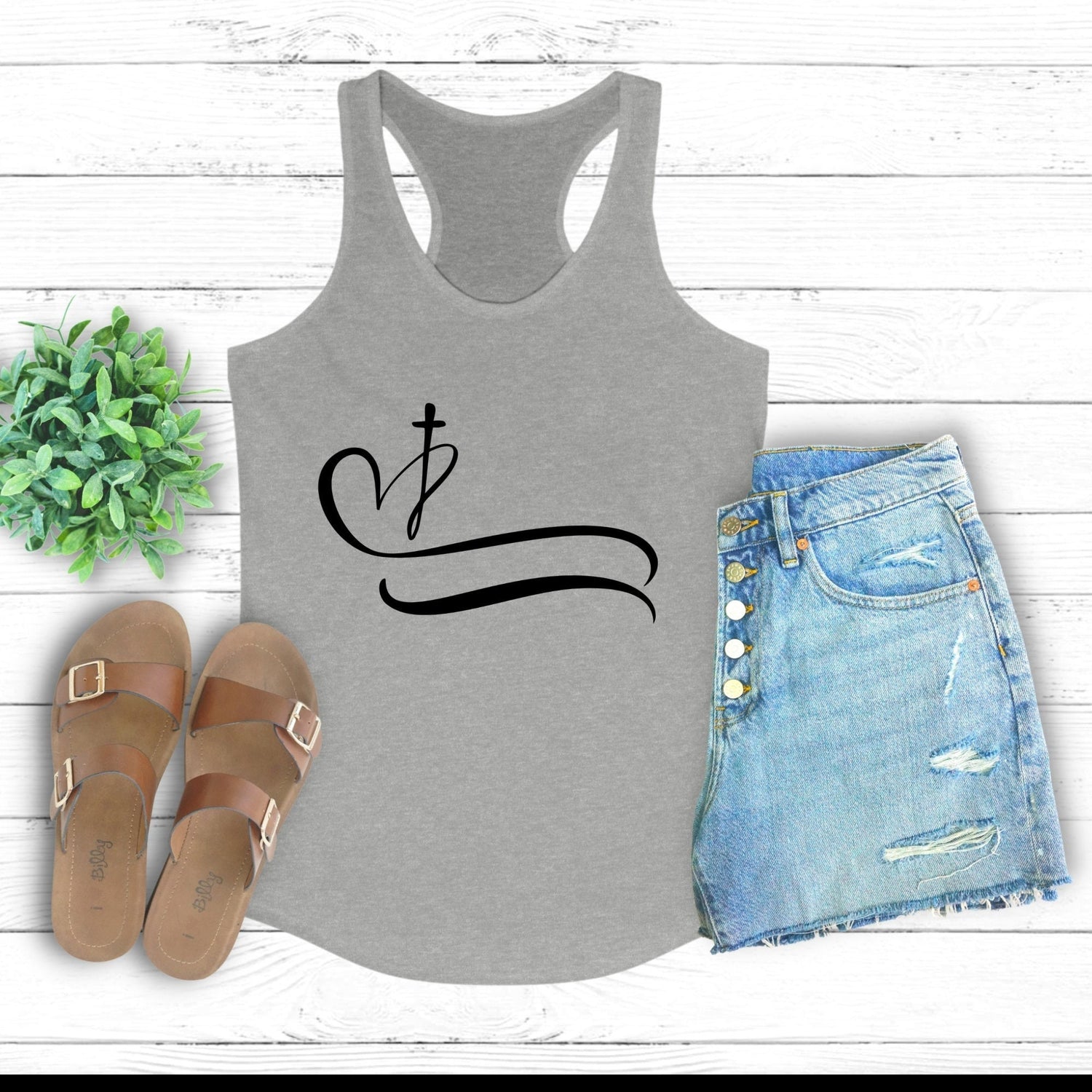 Christian Women Tank Top, Positive Women Christ Faith Love cross heart design casual jean shorts racerback Tee