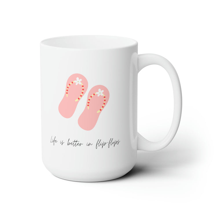 Ceramic Mug 15oz, Summer pink sandals solid print coffee tea everyday casual drinking large white decorative drinking cup