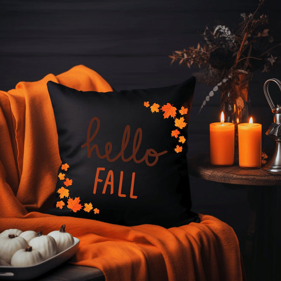 Square Pillow, Hello Fall Thanksgiving Haloween decorative Black Orange throw Holiday Autumn Pillow