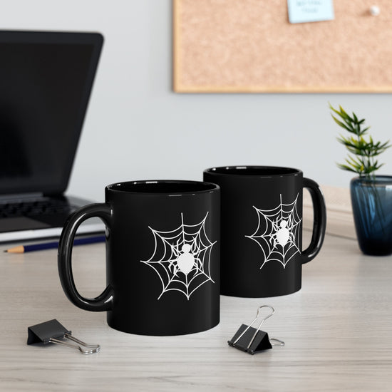 11oz Black Mug, Halloween Holiday spiderweb white print double side design spooky kitchen festive coffee tea water office home everyday cup