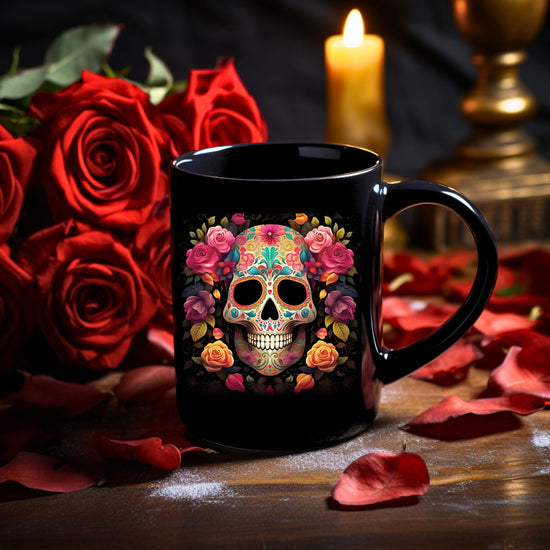 Black Mug, 15oz, Colorful Art, Cadaver, Day of The Dead, Dia de Los Muertos, Halloween Mug, Large Coffee Mug, Festive Mug, Holiday Mug