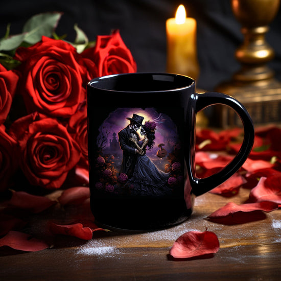 Taza negra de 15 oz, Día de los Muertos, retrato con impresión de pareja tradicional, temporada de Halloween, decoración festiva para cocina, taza para bebidas