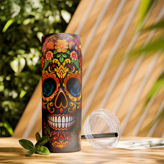Skinny Tumbler with Straw, 20oz, Dia de Los Muertos, Day of the Dead, Halloween tumbler, Cadaver design, Artistic Tumbler, Colorful Tumbler