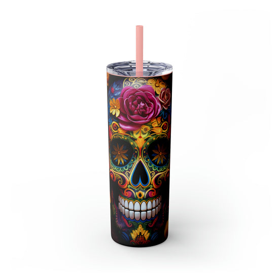 Dia de Los Muertos Skinny Tumbler, 20oz - Cadaver Design - Colorful Artistic Halloween Cup - Day of the Dead Mug, Holiday Tumbler