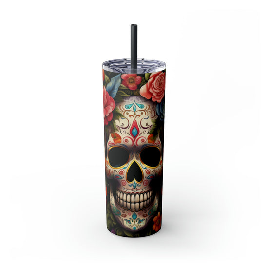 Skinny Tumbler with Straw, 20oz, Dia de Los Muertos day of the dead Mexican tradition artistic non- toxic hot cold carry around mug tumbler