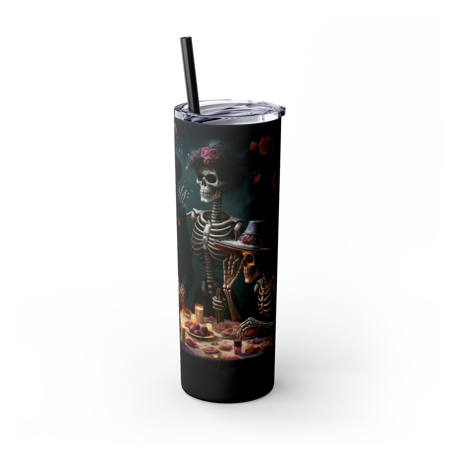 Day of the Dead 20oz Skinny Tumbler with Straw, Colorful Dia de Los Muertos Halloween Artistic Cup, Dead Mans Party Mug, Gift for Halloween
