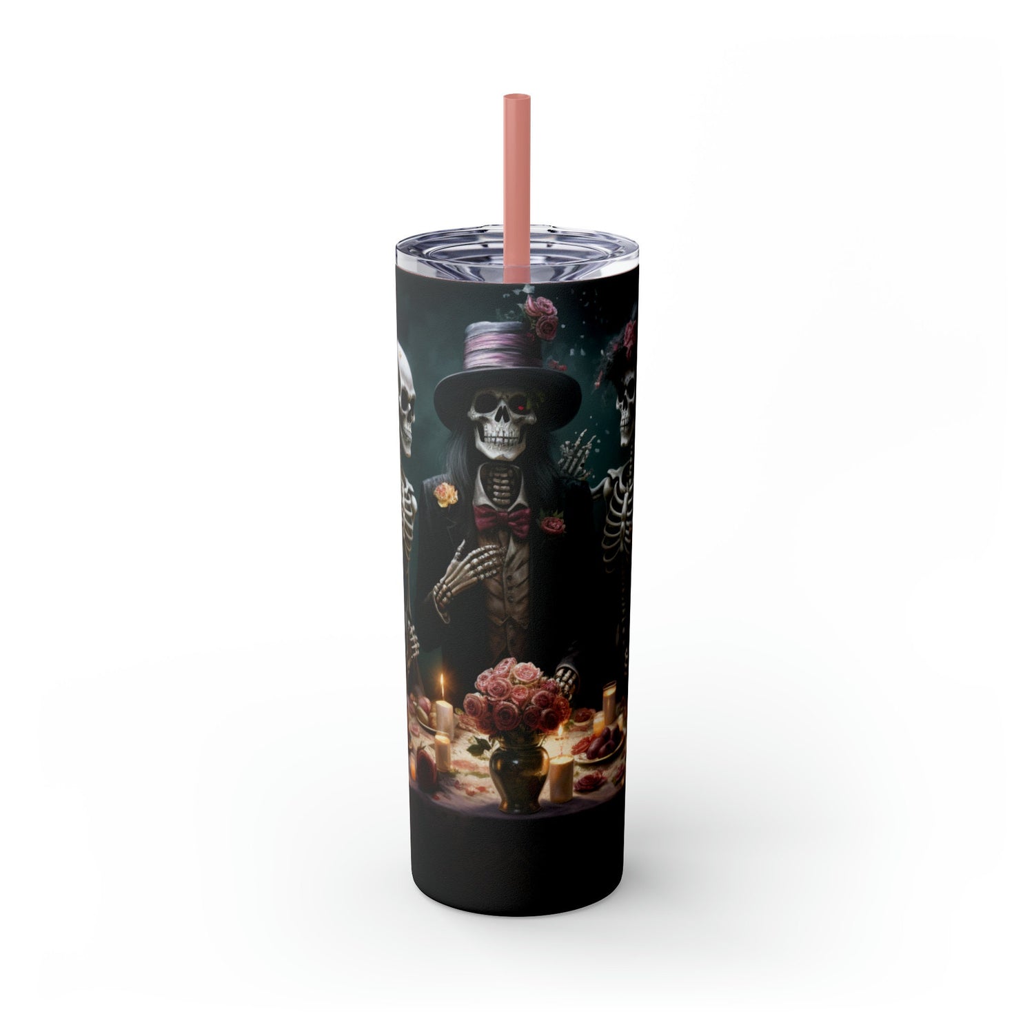 Day of the Dead 20oz Skinny Tumbler with Straw, Colorful Dia de Los Muertos Halloween Artistic Cup, Dead Mans Party Mug, Gift for Halloween