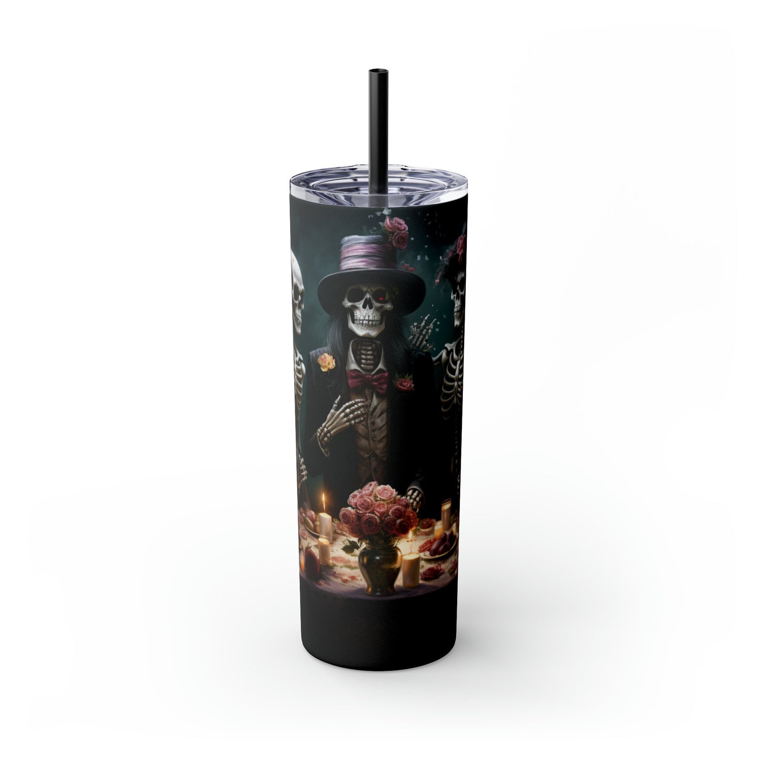 Day of the Dead 20oz Skinny Tumbler with Straw, Colorful Dia de Los Muertos Halloween Artistic Cup, Dead Mans Party Mug, Gift for Halloween
