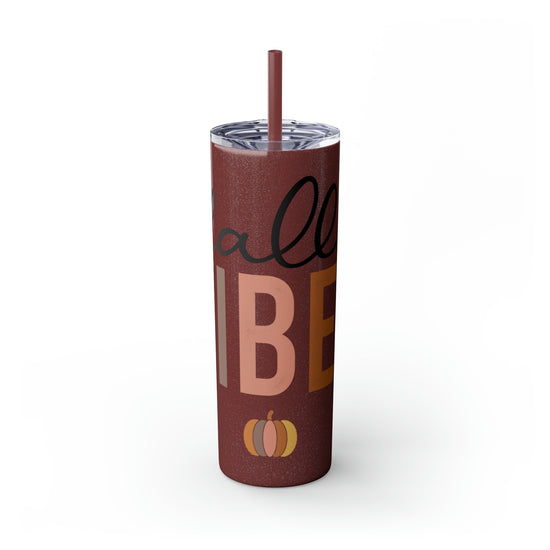 Fall Vibes Skinny Tumbler with Straw, 20oz - Brown Holiday Female Gift Water Cup, Thanksgiving Mug