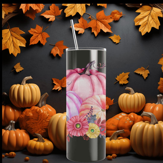 Skinny Tumbler with Straw, 20oz, Pumpkin design, Pink Tumbler, Fall Tumbler, Holiday Tumbler, Festive Tumbler, hot coffee tumbler
