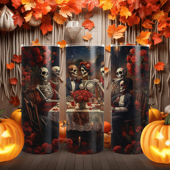 Skinny Tumbler with Straw, 20oz Day of the dead Halloween artistic dead man party dinner portrait scene design hot cold beverage travel cup