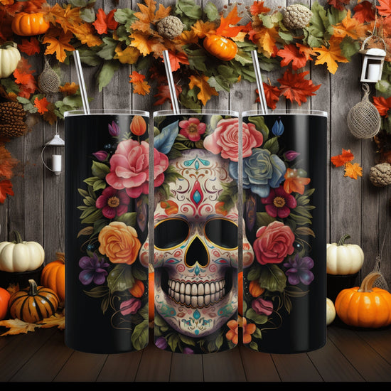 Skinny Tumbler with Straw, 20oz, Dia de Los Muertos day of the dead Mexican tradition artistic non- toxic hot cold carry around mug tumbler