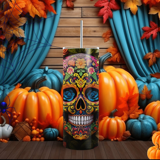 Skinny Tumbler with Straw, 20oz, Dia de Los Muertos, Day of the Dead, Halloween tumbler, Cadaver design, Artistic Tumbler, Colorful Tumbler