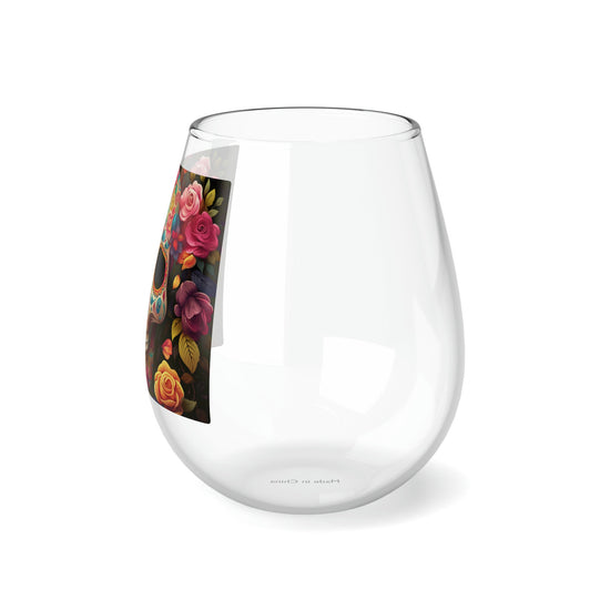 Stemless Wine Glass, 11.75oz Day of the Dead colorful sugar skull traditional portrait design social gathering wine glass