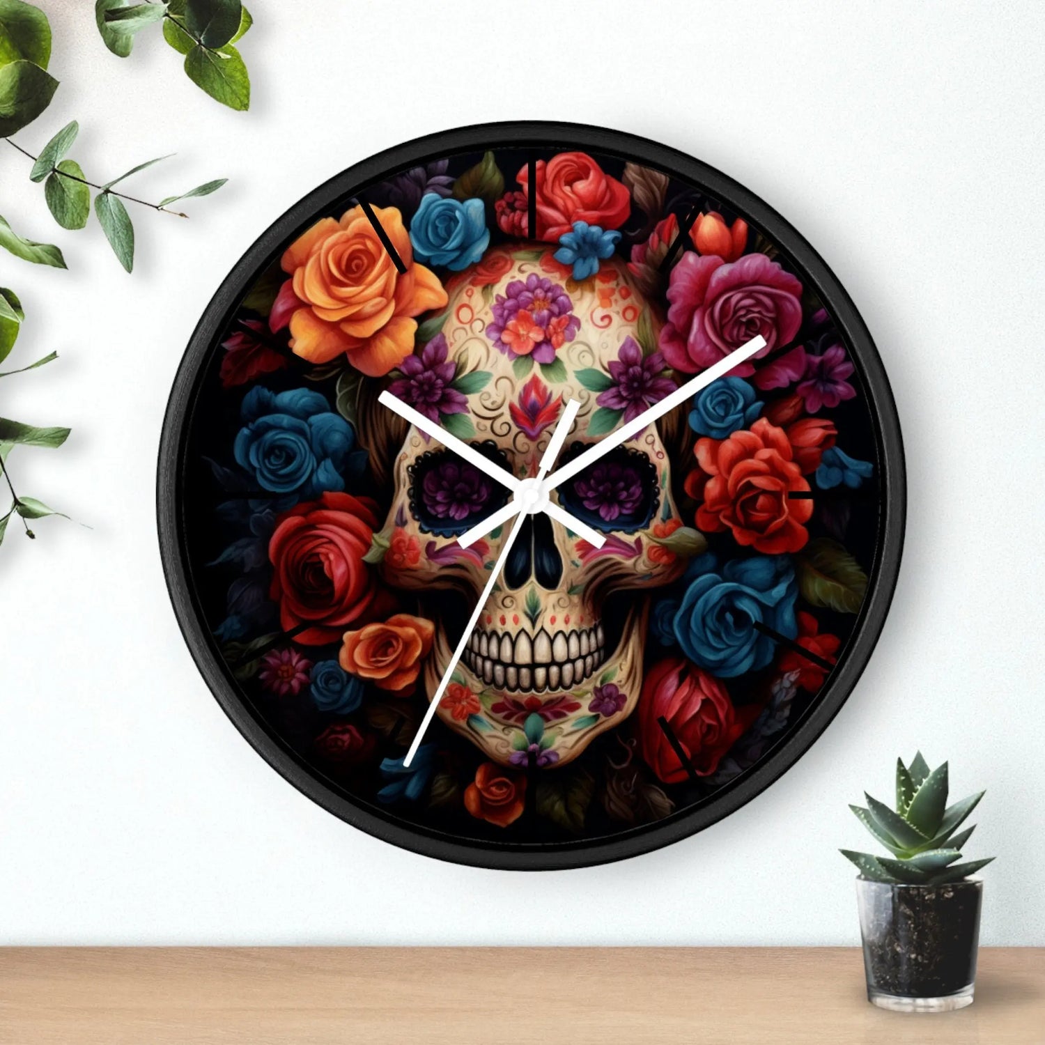 Wall Clock, Day of the Dead Halloween festive vibrant colorful floral sugar skull gothic art portrait design for living room kitchen office The Aurora Touch
