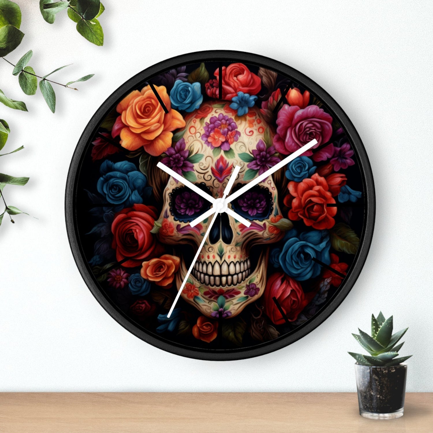 Wall Clock, Day of the Dead Halloween festive vibrant colorful floral sugar skull gothic art portrait design for living room kitchen office