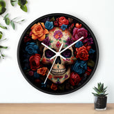 Wall Clock, Day of the Dead Halloween festive vibrant colorful floral sugar skull gothic art portrait design for living room kitchen office