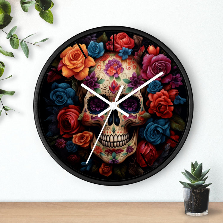Wall Clock, Day of the Dead Halloween festive vibrant colorful floral sugar skull gothic art portrait design for living room kitchen office