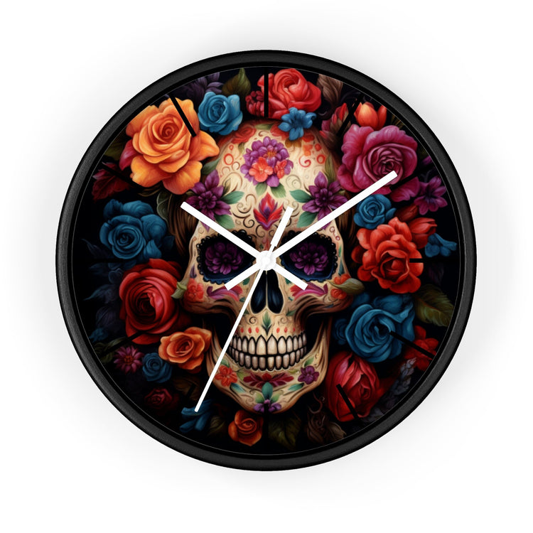 Wall Clock, Day of the Dead Halloween festive vibrant colorful floral sugar skull gothic art portrait design for living room kitchen office