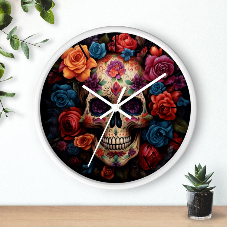 Wall Clock, Day of the Dead Halloween festive vibrant colorful floral sugar skull gothic art portrait design for living room kitchen office