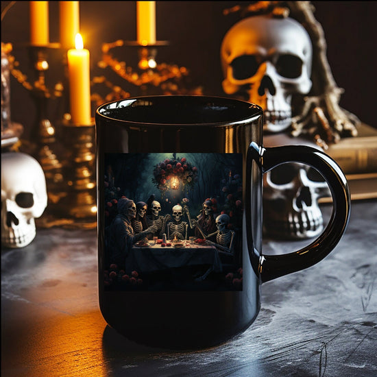 11oz Black Mug,Black Mug, Dia de Los Muertos, Day Of the Dead, Halloween Mug, Festive mug, Skeleton Family, Halloween Dinner, Novelty Mug