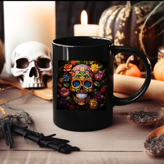 Black Mug, 15oz, Artistic Mug, Colorful Art, Day of The Dead, Dia de Los Muertos, Halloween Mug, Large Coffee Mug, Festive Mug, Holiday Mug