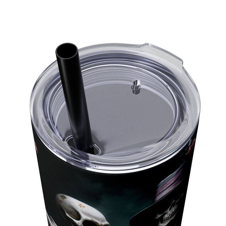 Day of the Dead 20oz Skinny Tumbler with Straw, Colorful Dia de Los Muertos Halloween Artistic Cup, Dead Mans Party Mug, Gift for Halloween