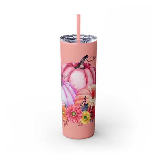Skinny Tumbler with Straw, 20oz, Pumpkin design, Pink Tumbler, Fall Tumbler, Holiday Tumbler, Festive Tumbler, hot coffee tumbler