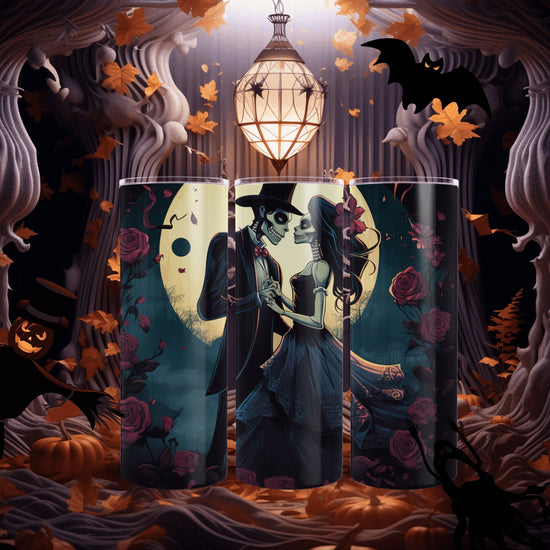 Skinny Tumbler with Straw, 20oz, Day of the dead Couple, Dia de Los Muertos, Halloween tumbler, Artistic Tumbler, Colorful Tumbler