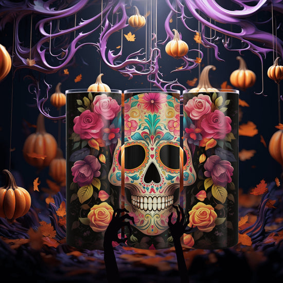 Dia de Los Muertos Skeleton Art Skinny Tumbler, Halloween Day of the Dead Colorful Cup, Cadaver Design Mug, Artistic Tumbler Gift, 20oz