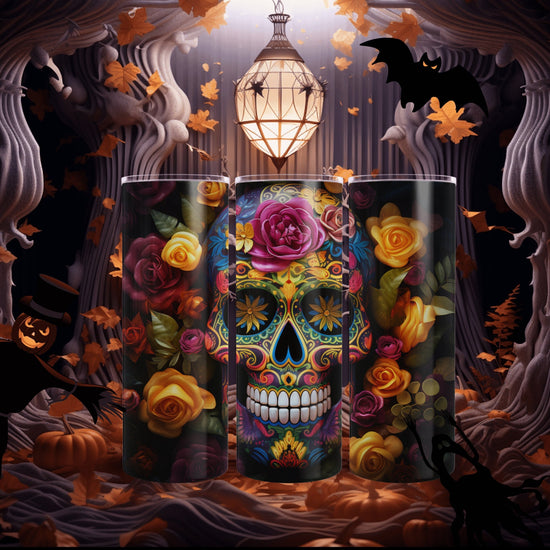 Dia de Los Muertos Skinny Tumbler, 20oz - Cadaver Design - Colorful Artistic Halloween Cup - Day of the Dead Mug, Holiday Tumbler