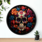 Wall Clock, Day of the Dead Halloween festive vibrant colorful floral sugar skull gothic art portrait design for living room kitchen office The Aurora Touch