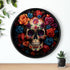 Wall Clock, Day of the Dead Halloween festive vibrant colorful floral sugar skull gothic art portrait design for living room kitchen office