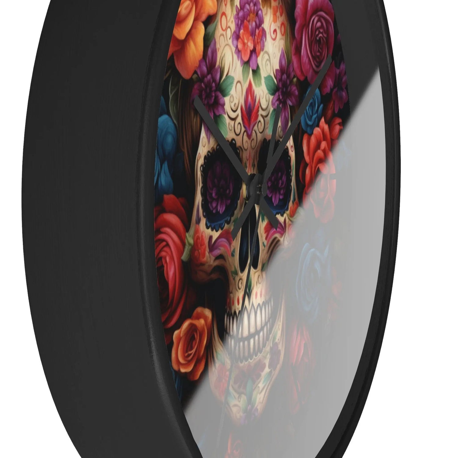Wall Clock, Day of the Dead Halloween festive vibrant colorful floral sugar skull gothic art portrait design for living room kitchen office The Aurora Touch