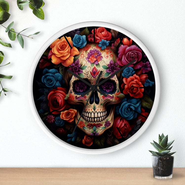 Wall Clock, Day of the Dead Halloween festive vibrant colorful floral sugar skull gothic art portrait design for living room kitchen office