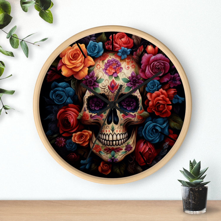 Wall Clock, Day of the Dead Halloween festive vibrant colorful floral sugar skull gothic art portrait design for living room kitchen office
