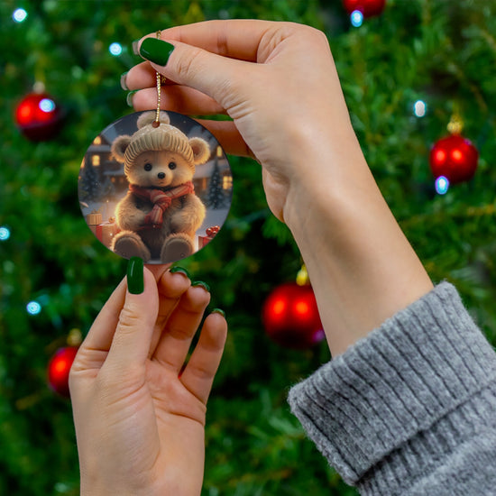 Adorable Round Ceramic Christmas Teddy Bear Ornament - Perfect Holiday Keepsake