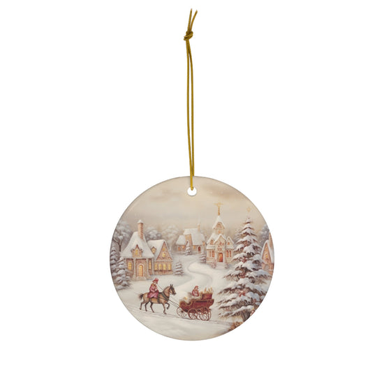 Ceramic Ornament, small town Xmas scene - Holiday Tree Decor, Christmas Gift, Winter Home Decoration, Rustic Holiday Ornament, Festive Decor