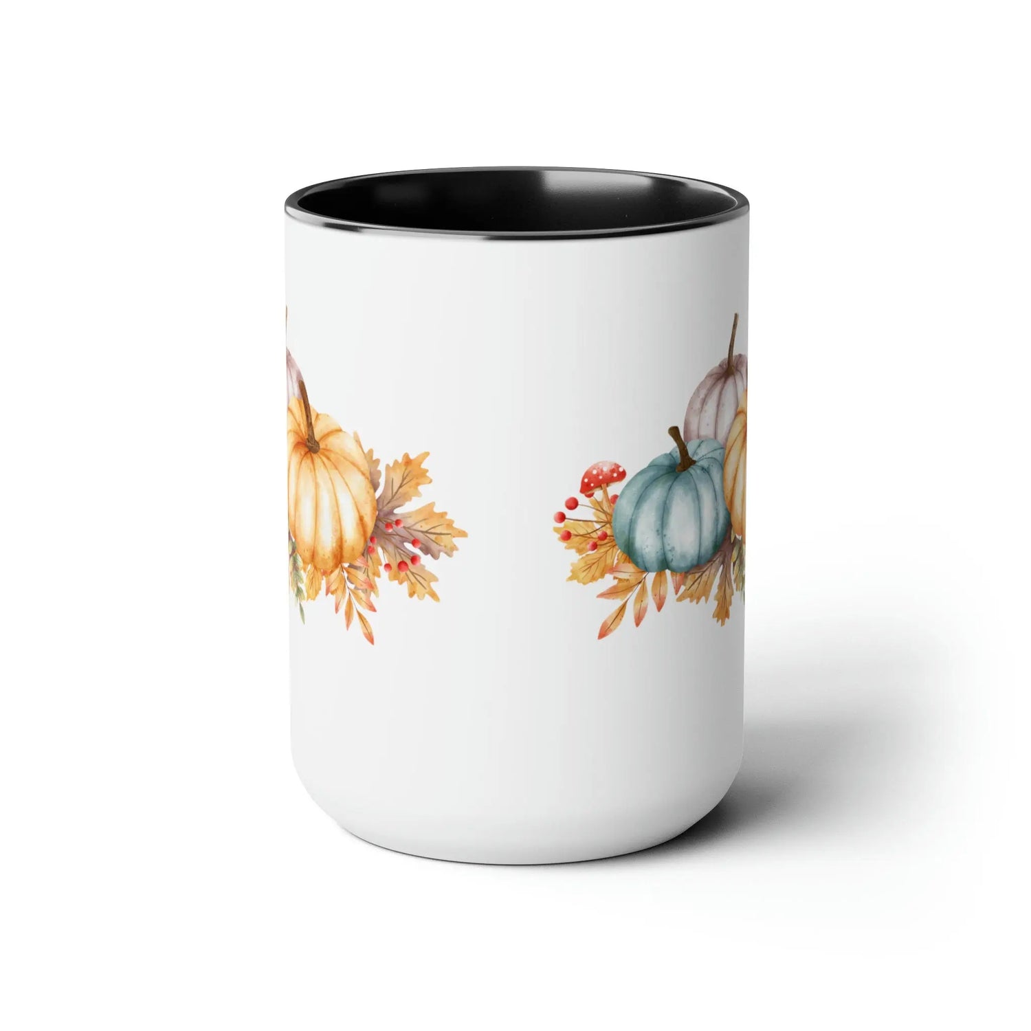 Two-Tone Coffee Mugs, 15oz, Fall November holiday colorful festive pumpkin design large coffee hot tea kitchen decor mug The Aurora Touch
