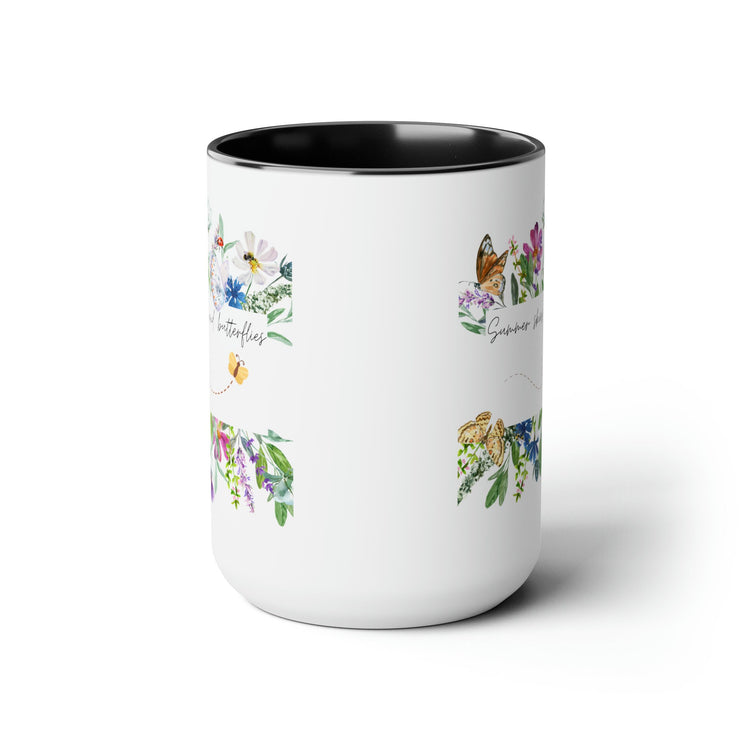 Two-Tone Coffee Mugs, 15oz., Inspirational summer skies and butterflies pretty colorful beverage cup with enlighting message
