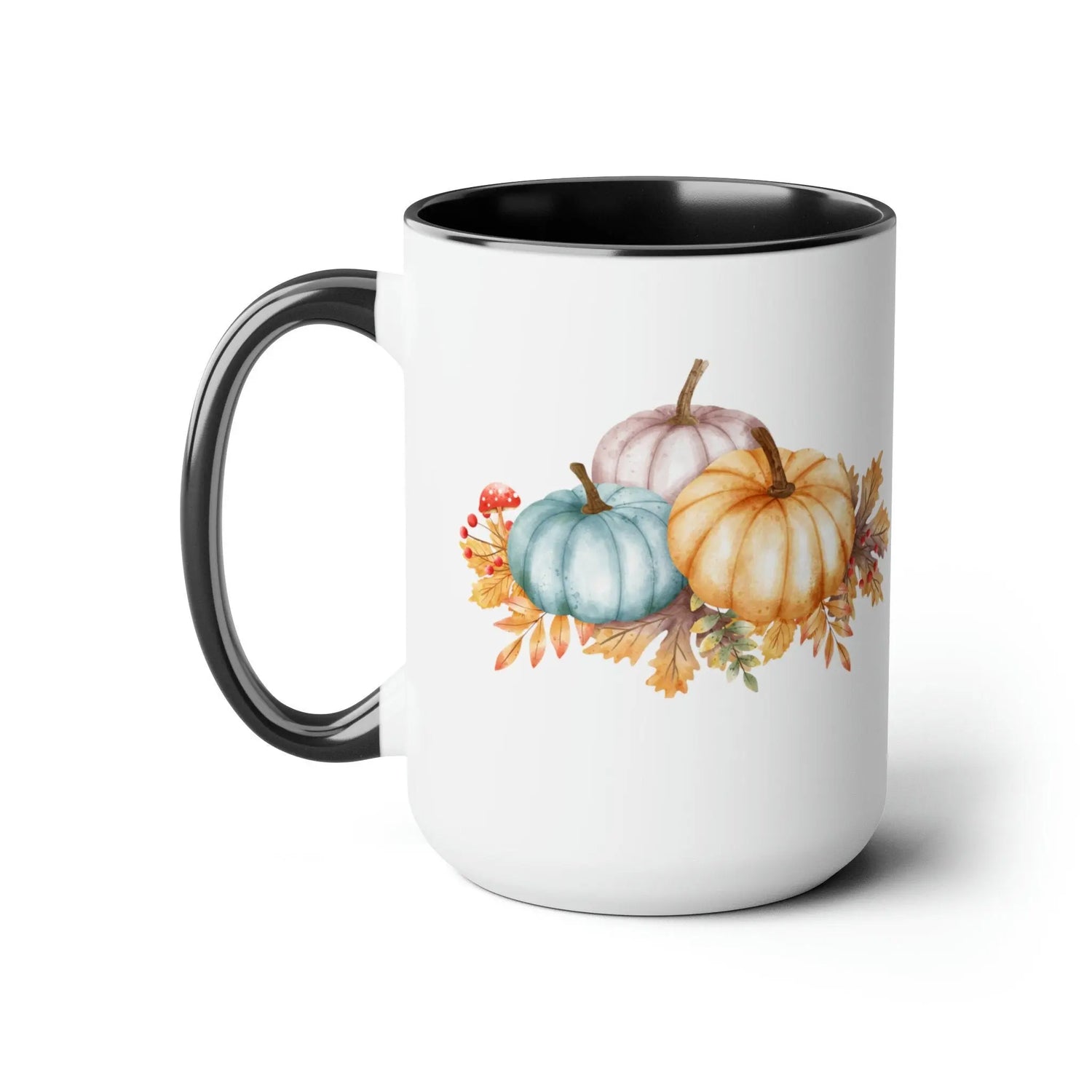 Two-Tone Coffee Mugs, 15oz, Fall November holiday colorful festive pumpkin design large coffee hot tea kitchen decor mug The Aurora Touch
