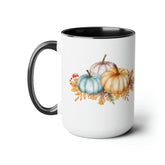 Two-Tone Coffee Mugs, 15oz, Fall November holiday colorful festive pumpkin design large coffee hot tea kitchen decor mug The Aurora Touch