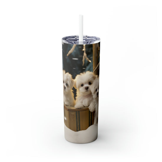 Holiday Tumbler with Straw, 20 oz, maltese puppy,Designer tumbler, xmas gift, novelty gift, teachers gift, office gift, personalized gift