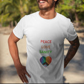 Pride White Tshirt,  Unisex Pride peace love unity LGBTQ+ casual proud rainbow heart design shirt