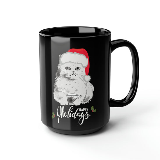 Taza negra de 15 oz - Gato navideño con gorro de Papá Noel - Regalo perfecto para los amantes de los gatos